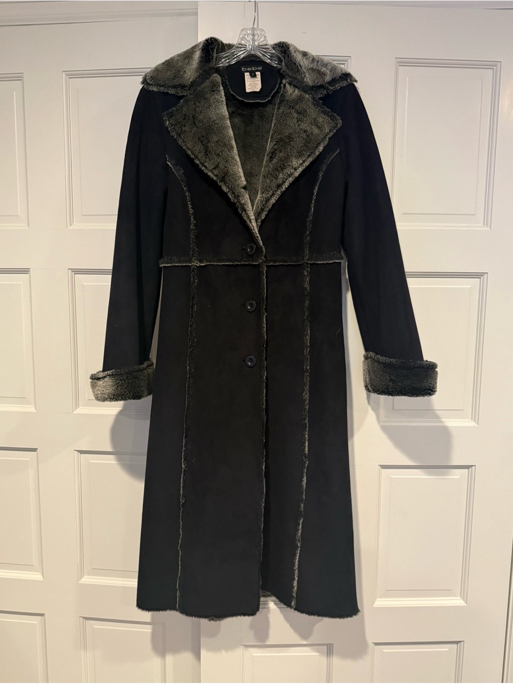 bebe Black Long Trench Coat with Gray Faux-Shearling Trim